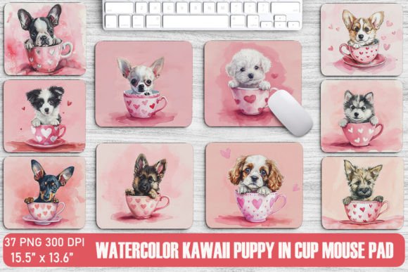 Watercolor Kawaii Puppy in Cup Mouse Pad